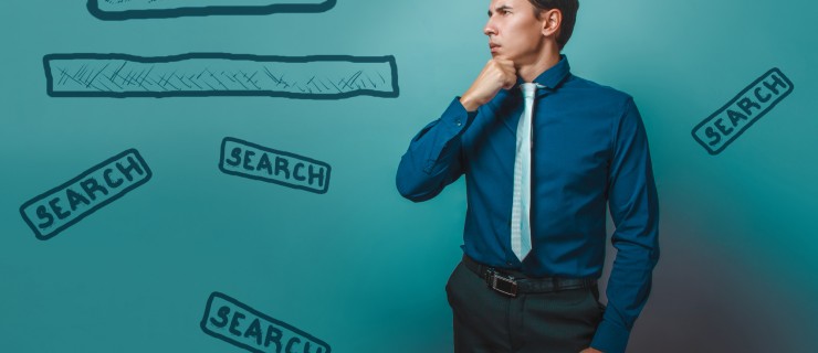 Man Male businessman thinking holding his chin looking away disgusted online Google Web infographics