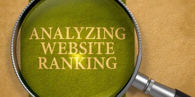Analyzing Website Ranking through Magnifying Glass on Old Paper with Dark Green Vertical Line Background. 3D Render.
