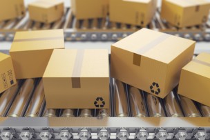 3D illustration Packages delivery, packaging service and parcels transportation system concept, cardboard boxes on conveyor belt