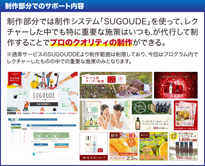 制作部分でのサポート内容 制作部分では制作システム「SUGOUDE」を使って、レクチャーした中でも特に重要な
施策はいつも.が代行して制作することでプロのクオリティの制作ができる。※通常サービスのSUGOUDDEより制作範囲は制限しており、今回はプログラム内でレクチャーしたものの中での重要な施策のみとなります。