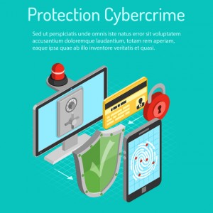 Cyber crime and data protection concept with isometric flat icons like shield, fingerprint, antivirus, safe and flasher. vector illustration.